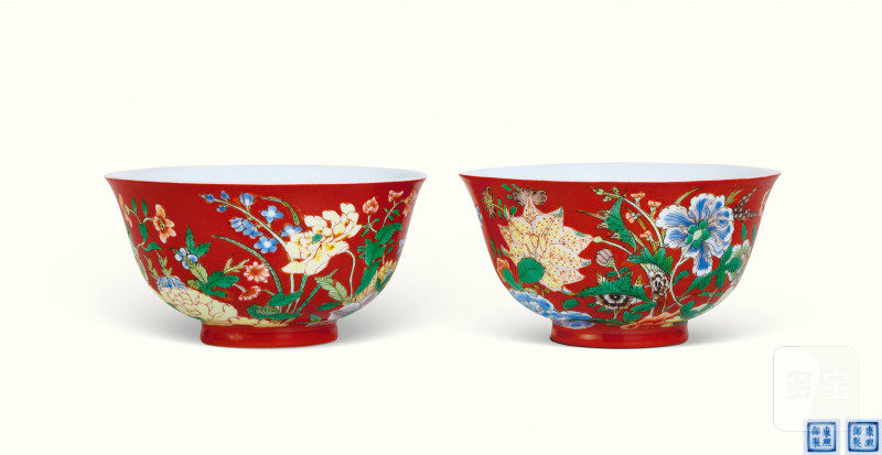 清康熙 御制磁胎画珐琅红地洋彩九秋同庆图碗一对